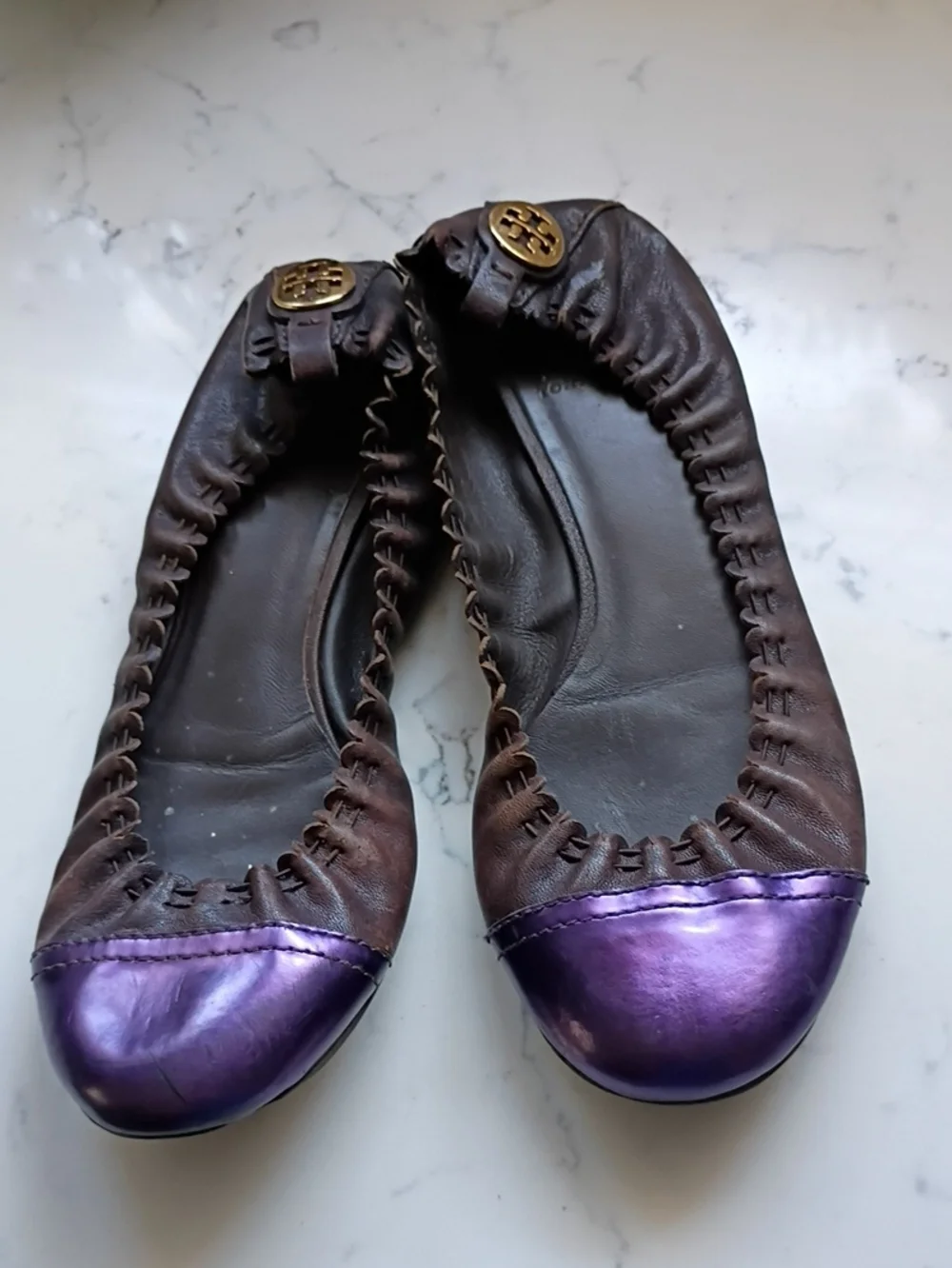 Tory Burch Brown Leather Ballet Flats with Metallic Purple Toe